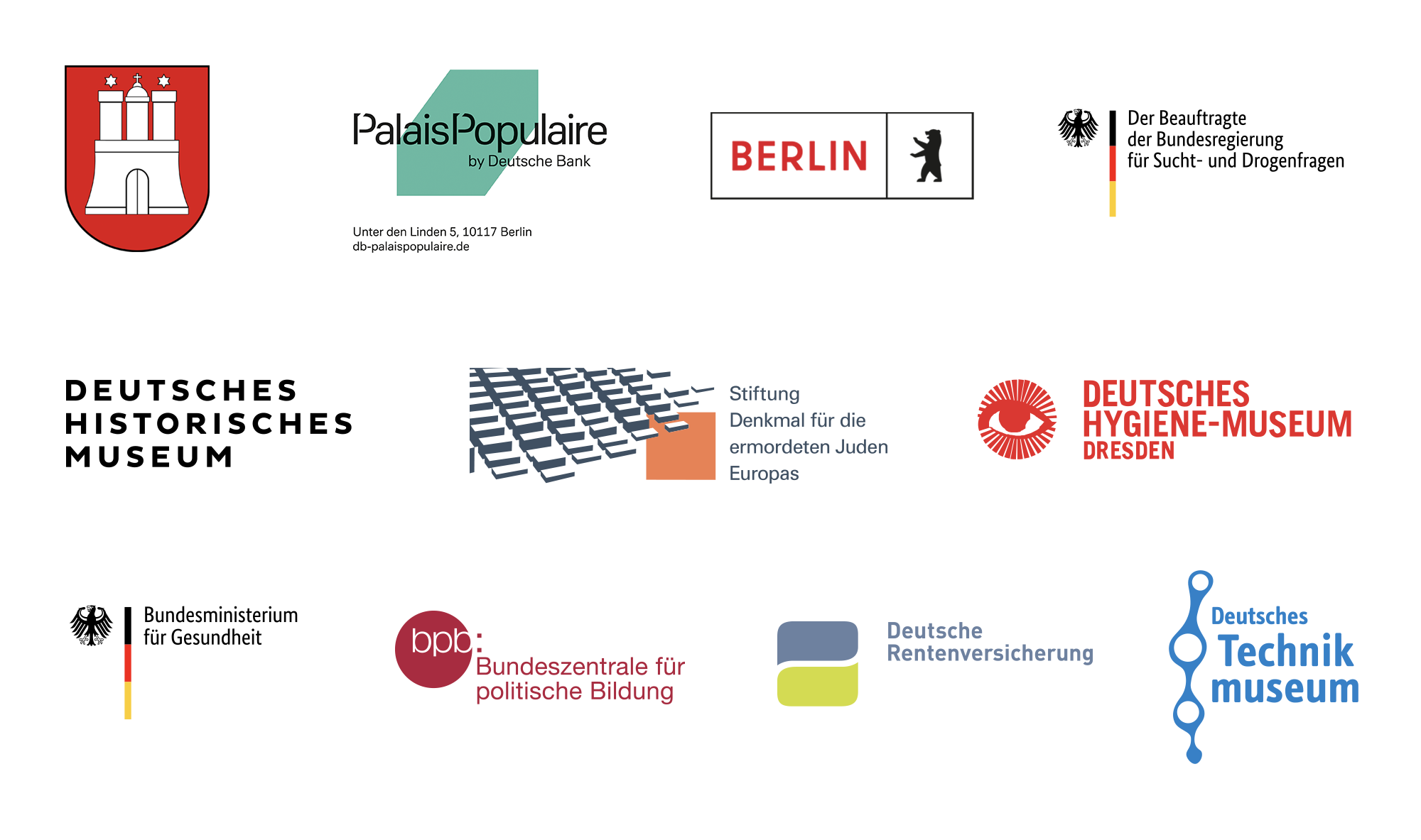 Auswahl von Referenz-Logos von Institutionen und Museen, für die Gebärdensprachvideos produziert wurden, darunter Deutsches Historisches Museum, Deutsches Hygiene-Museum Dresden, Berlin, bpb und Deutsche Rentenversicherung.