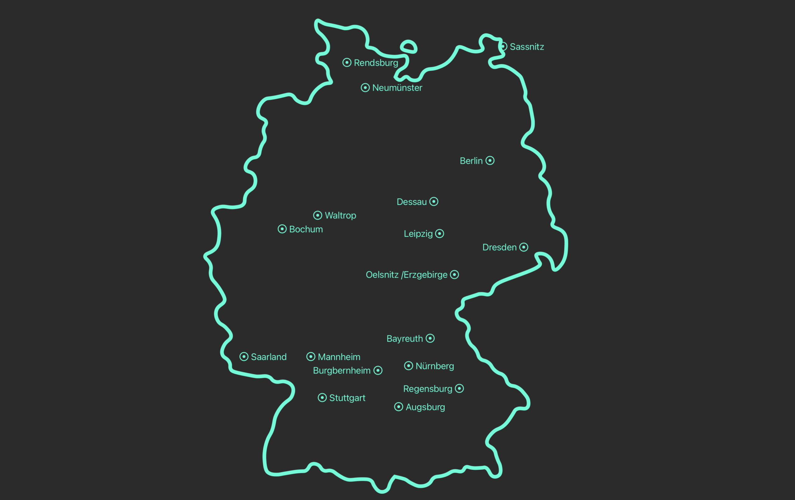 Stilisierte Landkarte von Deutschland mit markierten Orten, an denen Museen Gebärdensprachvideos für Videoguides, Ausstellungsmonitore und Apps anbieten, darunter Berlin, Leipzig, Dresden, Nürnberg, Stuttgart, Mannheim, Bochum, Neumünster und Sassnitz.