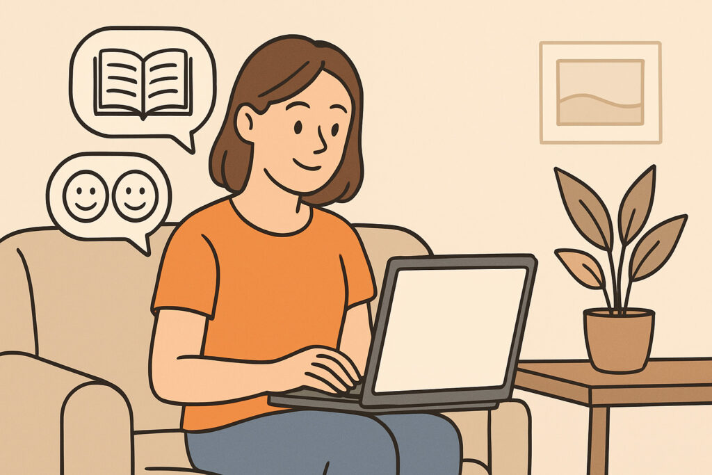 Leichte Sprache. Eine Frau sitzt auf einem Sofa. Sie arbeitet mit einem Laptop. Die Frau lächelt. Neben ihr steht eine Pflanze. In Sprechblasen sieht man ein Buch und zwei lachende Gesichter. Das Bild zeigt Lernen und Freude.