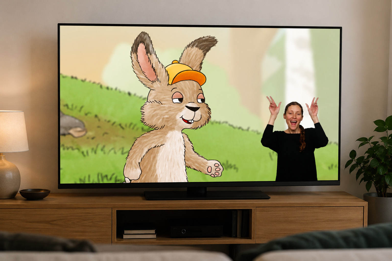 Auf einem Fernseher läuft ein Gebärdensprachvideo im Film-im-Film-Format: Ein animierter Hase ist als Hauptfilm zu sehen, rechts unten ist eine Gebärdensprachdolmetscherin eingeblendet und übersetzt den Inhalt in Deutsche Gebärdensprache (DGS). Diese barrierefreie Film-im-Film-Produktion macht audiovisuelle Inhalte auch für gehörlose und schwerhörige Menschen zugänglich.