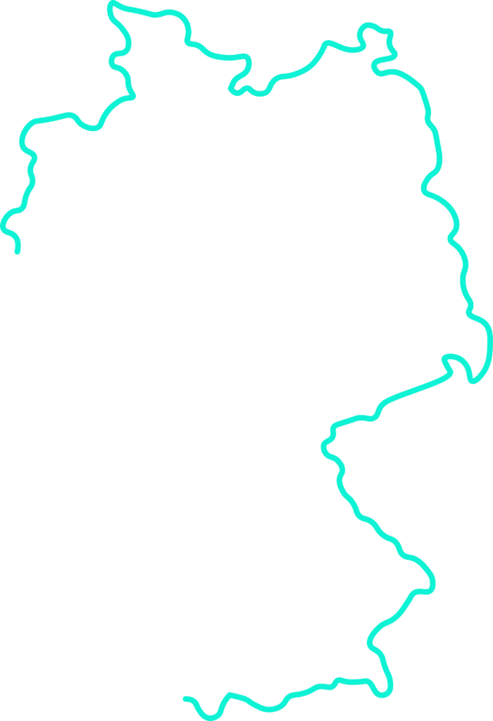 Stilisierte Deutschlandkarte als türkise Umrisslinie auf transparentem Hintergrund – Symbol für deutschlandweite Gebärdensprachvideos und barrierefreie Kommunikation in Deutscher Gebärdensprache (DGS).