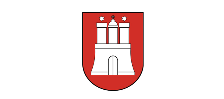 Hamburger Stadtwappen mit weißer Burg auf rotem Schild – Symbol für die Freie und Hansestadt Hamburg sowie barrierefreie Gebärdensprachvideo-Angebote in Hamburg.