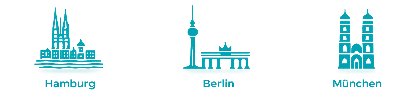 Türkise Symbole der Städte Hamburg, Berlin und München auf transparentem Hintergrund – Darstellung deutschlandweiter Standorte und Gebärdensprachvideo-Angebote von yomma.